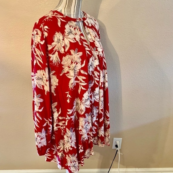 Cotton Candy Tunic Top Large Red Taupe Floral 100% Rayon Keyhole Flowy Boho - Picture 5 of 16